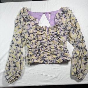 Free People Mabel Printed Blouse Purple Combo Floral Ruched S Boho  Chic‎ Fairy